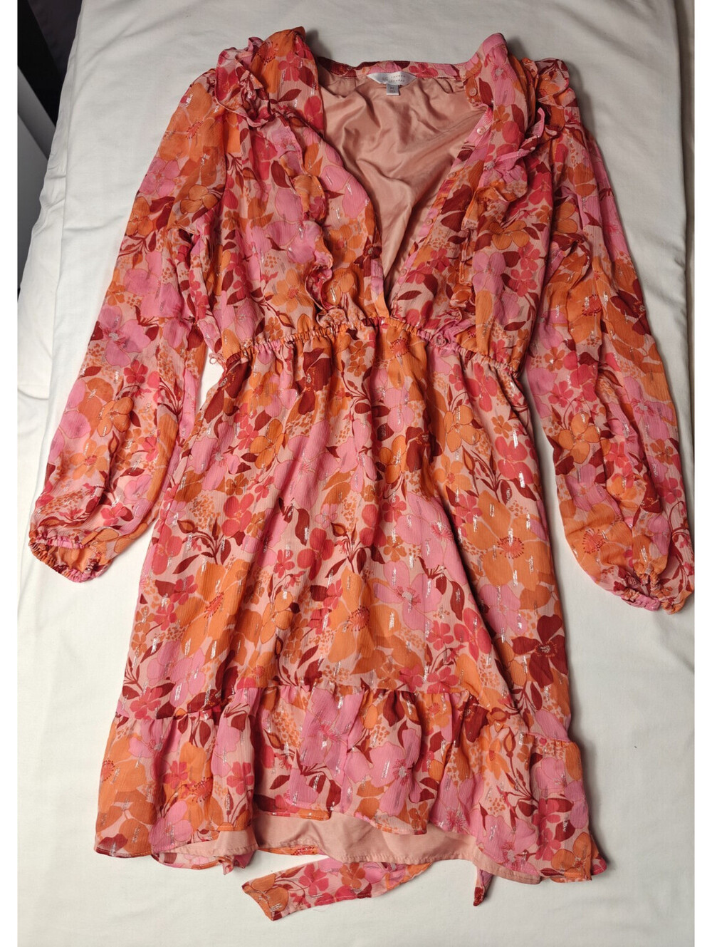 LC Lauren Conrad Pink Orange Floral Long Sleeve Ruffle Midi Dress Size M